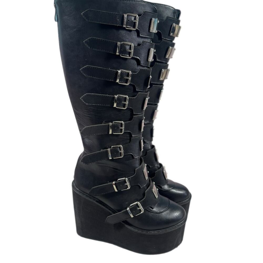 Goth Platform Boots Knee High Gothic Womens Whimsigoth Buckle Straps Black - Picture 3 of 7